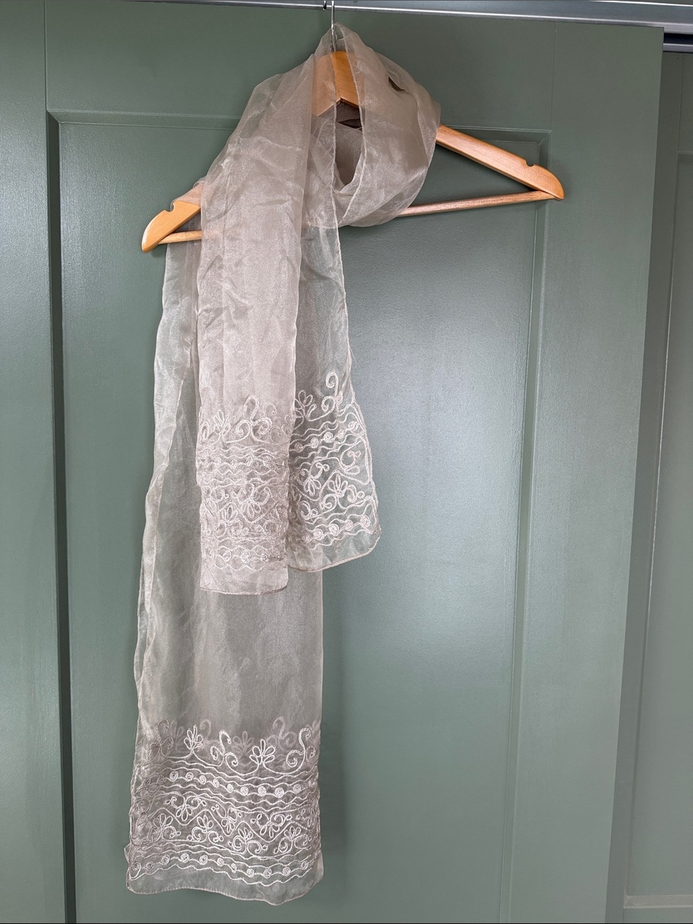 Sheer Embroidered Scarf/Wrap in Soft Taupe